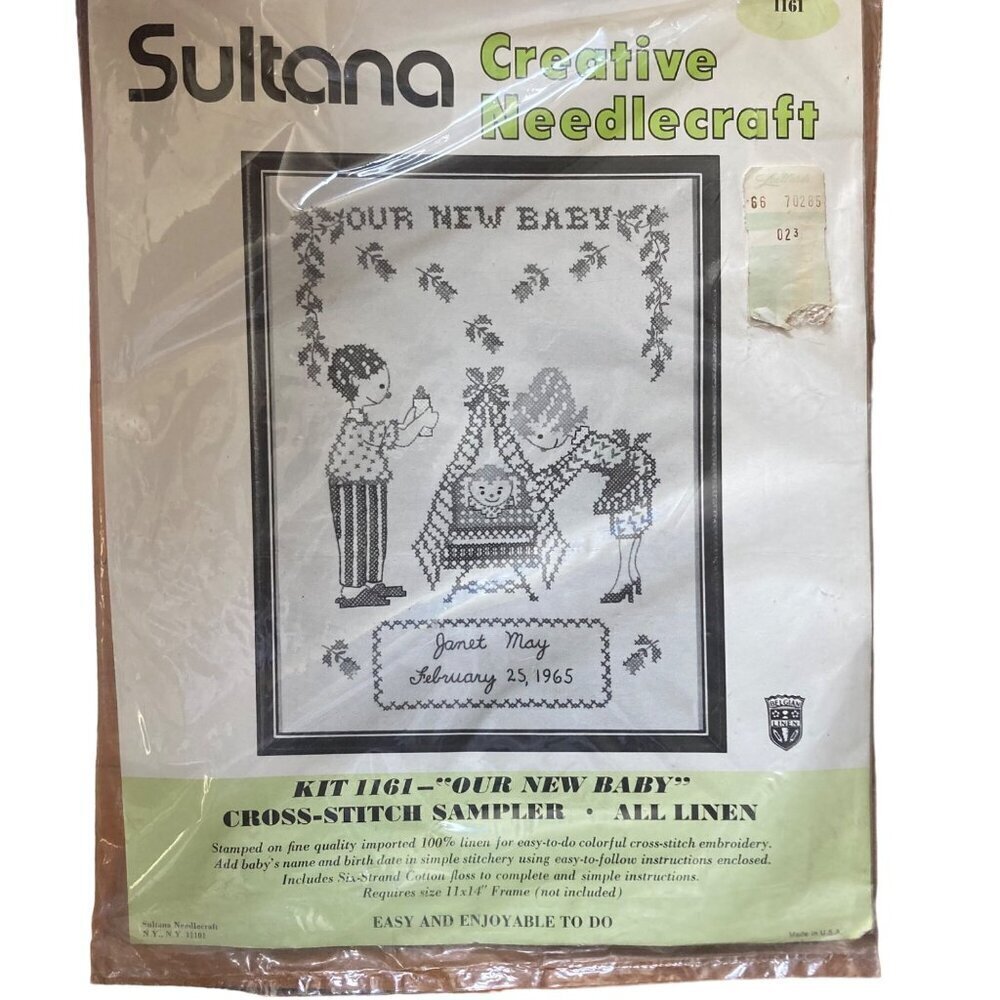 Sultana New Baby Sampler Stamped Cross Stitch Kit 1161 Personalize 11x14 Vintage